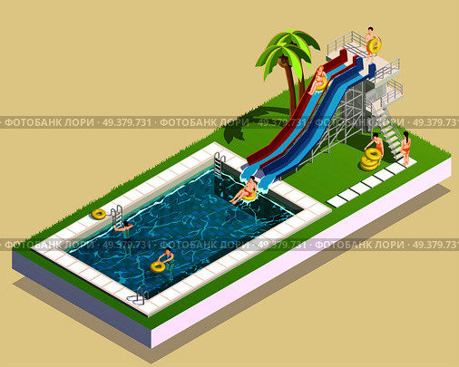 Water park isometric composition of images aquatic facility images swimming pool waterslide palm and human characters vector illustration. Aqua Park Waterslide Composition. Стоковая иллюстрация, агентство Ingram Publishing / Фотобанк Лори