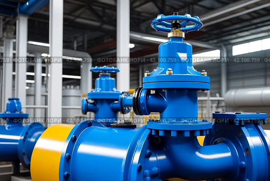 Water sprinkler pipes and pressure control industrial system. Closing valve on water pump station is pipeline with tanks in an technical room for supply of high-pressure aqua. Copy text space. Стоковое AI-изображение, AI-художник Aleksandr Golubev / Фотобанк Лори