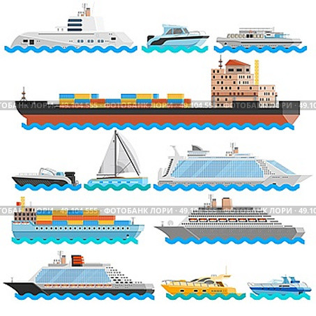 Water Transport Flat Decorative Icons Set. Water transport flat decorative icons set of dry cargo ships cruise liners yachts sailboats isolated vector illustration  . Стоковая иллюстрация, агентство Ingram Publishing / Фотобанк Лори