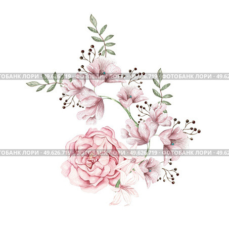 Watercolor bouquet with peony flowers and delphinium.  Illustration. Watercolor bouquet with peony flowers and delphinium.  . Стоковое фото, агентство Ingram Publishing / Фотобанк Лори