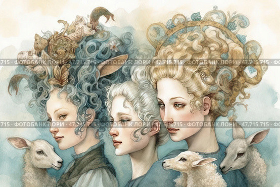 Watercolor fantasy illustration of three women with exquisite hairstyles decorated with elements of nature and fantastic creatures. Their hair is transformed into intricate patterns with branches, leaves, animals and decorative shapes. Each girl has a soft and thoughtful expression, and sheep are nearby, giving the scene a pastoral and symbolic atmosphere. The illustration combines elements of myth, nature and graceful aesthetics, ideal for themes of fantasy, goddesses, nature and the female figure in art. Стоковое AI-изображение, AI-художник Анна Кривицкая / Фотобанк Лори