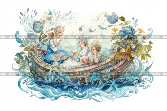 Watercolor fantasy illustration with three characters in an elegant boat surrounded by flowers, leaves and waves. The central figure plays the flute, creating an atmosphere of fairy tale and magic. The composition is rich in details - fantastic elements, sea creatures, decorative patterns and flowering plants. This artwork is perfect for book design, children's products, cards, calendars, textiles and decorative projects. Стоковое AI-изображение, AI-художник Анна Кривицкая / Фотобанк Лори