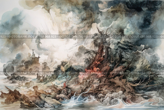 Watercolor fantasy in the spirit of the apocalypse. A gloomy landscape torn apart by a storm and fire: uprooted trees, clouds of smoke, a raging sea. In the center is a surviving piece of land with a fiery hearth and a lonely figure in a boat surrounded by chaos. On the horizon are the silhouettes of destroyed castles or cities. The composition combines drama, epicness and a fairy-tale atmosphere in the fantasy style. Стоковое AI-изображение, AI-художник Анна Кривицкая / Фотобанк Лори
