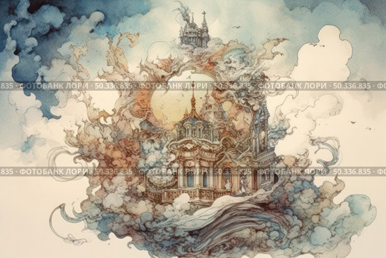 Watercolor fantasy on the theme of an architectural fairy tale: a majestic baroque building hovers among clouds and fog, like a mirage or a vision. The illustration is filled with details - turrets, ornate decorative elements, a glowing sky. The composition is made in soft pastel colors with smooth transitions and fantasy elements, creating a sense of magical space between heaven and earth. Стоковое AI-изображение, AI-художник Анна Кривицкая / Фотобанк Лори