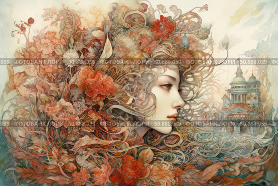 Watercolor fantasy with a female profile, drowning in a riot of flowers, foliage and ornate lines. The composition combines elements of nature, architecture and artistic symbolism, creating a sense of dream, ephemerality and merging of man with the world. Ideal for covers, posters, magazine design and decorative projects. Стоковое AI-изображение, AI-художник Анна Кривицкая / Фотобанк Лори