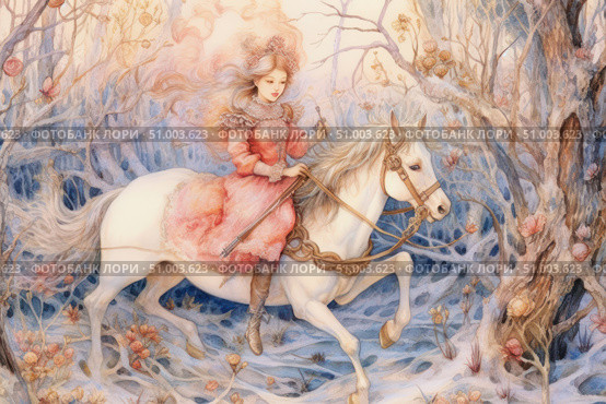 Watercolor illustration in fairy-tale style with a young rider on a white horse, racing through a magical forest. The girl in a pink dress with lace looks like the heroine of an ancient legend, surrounded by graceful trees and fantastic plants. The picture is filled with light, dreaminess and a sense of adventure, ideal for decorating children's books, covers, posters and decorative panels. Стоковое AI-изображение, AI-художник Анна Кривицкая / Фотобанк Лори
