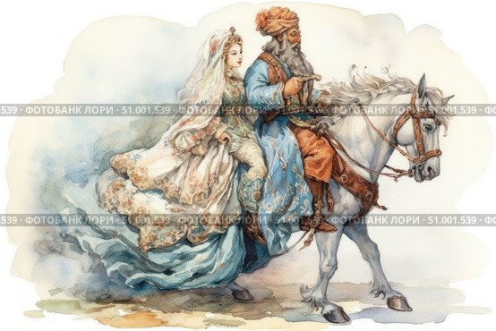 Watercolor illustration in oriental style - an elderly man with a long beard and a young woman in luxurious traditional clothes are riding a white horse. The picture is full of movement: fluttering fabrics, flowing lines and pastel colors create the atmosphere of a fairy tale, legend or historical epic. The visual style is inspired by Persian miniatures and folk art. Ideal for book design, postcards, illustrations to folklore and historical subjects. Стоковое AI-изображение, AI-художник Анна Кривицкая / Фотобанк Лори