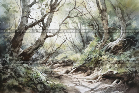 Watercolor illustration of a forest scene with curving trees, roots and soft light filtering through the foliage. The path, covered in shadows from the branches, goes into the distance, creating the effect of depth and inviting the viewer into the picture. The atmosphere of calm, solitude and natural beauty conveys the spirit of untouched nature. This image is perfect for decorating ecological projects, book covers, illustrations for fairy tales and themes of mindfulness. Стоковое AI-изображение, AI-художник Анна Кривицкая / Фотобанк Лори