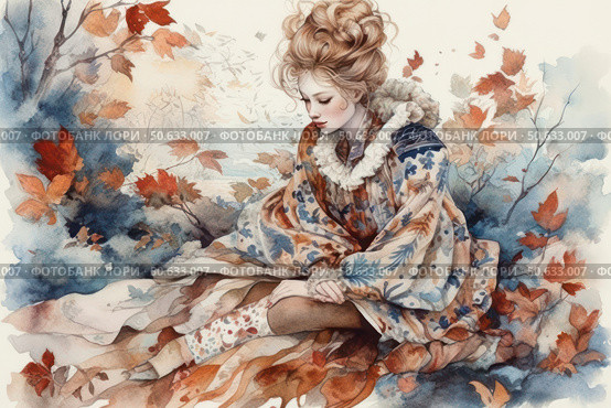Watercolor illustration of a girl in a richly decorated autumn dress, sitting surrounded by falling leaves. Her pose is thoughtful, her gaze is downcast, her hair is gathered in a loose high hairstyle. The clothes are decorated with floral and plant patterns in warm shades - ocher, terracotta, blue. The background is made in soft blurred colors, imitating an autumn forest. The atmosphere is melancholic, poetic, with a touch of fairy tale and romance. Стоковое AI-изображение, AI-художник Анна Кривицкая / Фотобанк Лори