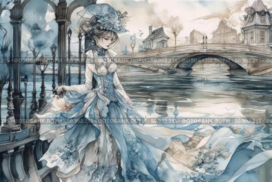 Watercolor illustration of a young woman in an elegant blue Victorian dress. She stands on the embankment by the water, with an elegant bridge and old buildings in the background. The dress flutters in the wind, reflecting in the calm water, creating a sense of fairytale, elegance and romance. The painting is full of lightness and subtle details, suitable for the themes of art, fashion, femininity and historical stylistics. Стоковое AI-изображение, AI-художник Анна Кривицкая / Фотобанк Лори