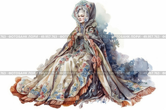 Watercolor illustration of an elegant 18th century lady, dressed in a luxurious ceremonial dress with a hood and cape, richly decorated with a floral pattern. Her image is inspired by the Rococo style: high hairdo, fair skin, noble posture and refined facial features. The fabrics of the dress shimmer with delicate pastel shades - cream, blue, pink and lavender, with elegant fringe along the edges. The lady sits in a majestic and calm pose, like a character from a historical novel or a painting by a French artist. The illustration is executed with lightness, detail and romantic atmosphere, perfectly suited to themes of fashion, history, art and culture of the 18th century. Стоковое AI-изображение, AI-художник Анна Кривицкая / Фотобанк Лори