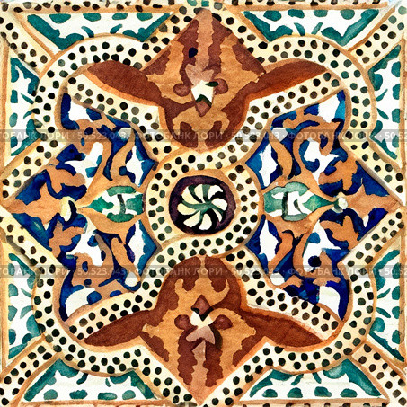 Watercolor illustration of portuguese ceramic tiles pattern. Single square tile. Стоковое фото, агентство Ingram Publishing / Фотобанк Лори