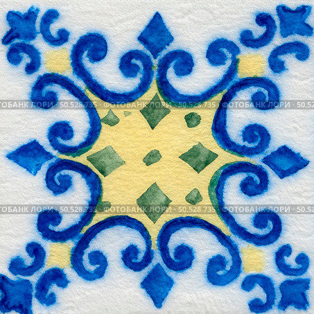 Watercolor illustration of portuguese ceramic tiles pattern. Single square tile. Стоковое фото, агентство Ingram Publishing / Фотобанк Лори