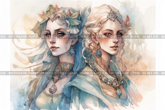 Watercolor illustration of two noble women in fantasy style with exquisite jewelry, flower wreaths and jewels. Their outfits are made in delicate blue and pastel colors, emphasizing the sophistication and grace of the characters. The artistic style is combined with elements of ethnic and fairy-tale aesthetics, creating an atmosphere of magic, beauty and the world of ancient legends. The illustration is ideal for book graphics, fantasy projects and art collections. Стоковое AI-изображение, AI-художник Анна Кривицкая / Фотобанк Лори