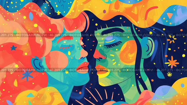 watercolor illustration, World Bipolar Day, silhouette of a gemini girl, opposite personalities, bright colorful background, vintage postcard. Стоковое AI-изображение, AI-художник Светлана Леуто / Фотобанк Лори
