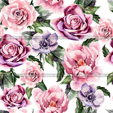 Watercolor pattern with flowers anemon, peonies,roses,  buds and petals. Illustration. Watercolor pattern with flowers anemon, peonies,roses,  buds and petals. Стоковое фото, агентство Ingram Publishing / Фотобанк Лори