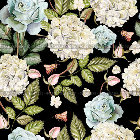Watercolor pattern with flowers hydrangeas and roses. Illustration.. Watercolor pattern with flowers hydrangeas and roses. . Стоковое фото, агентство Ingram Publishing / Фотобанк Лори
