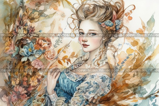 Watercolor portrait of a young girl in the Rococo style, executed in a delicate color palette. The image combines the sophistication of the 18th century and fantasy - airy curls, a complex hairstyle with flowers, a vintage dress with lace and ornaments. Around - decorative flowers and foliage, smoothly turning into the background. Ideal for themes: art, fashion history, retro, vintage, femininity, romance, book illustrations. Стоковое AI-изображение, AI-художник Анна Кривицкая / Фотобанк Лори