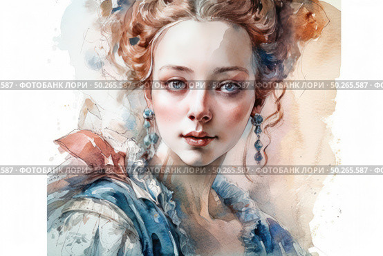 Watercolor portrait of a young woman in a vintage or historical style. Her gaze is directed straight at the viewer - it is calm, deep and a little dreamy. The girl is dressed in 18th century clothes with lace and ribbons, adorned with long earrings with stones. The palette of the image is soft, pastel, with a predominance of blue and flesh tones. The painting is done in an artistic manner with elements of romanticism and sophistication. Ideal for themes: art, female beauty, fashion history, vintage, retro. Стоковое AI-изображение, AI-художник Анна Кривицкая / Фотобанк Лори