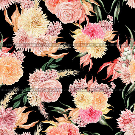 Watercolor seamless pattern with autumn flowers chrysanthemums, ranunculus, berries and leaves. Illustration. Watercolor seamless pattern with autumn flowers chrysanthemums, ranunculus, berries and leaves. . Стоковое фото, агентство Ingram Publishing / Фотобанк Лори