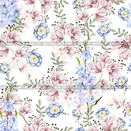 Watercolor seamless pattern with delphinium flowers and leaves. Illustration. Watercolor seamless pattern with delphinium flowers and leaves. Стоковое фото, агентство Ingram Publishing / Фотобанк Лори