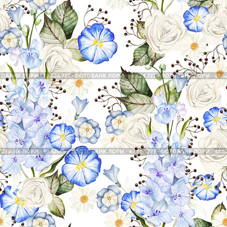 Watercolor seamless pattern with wild flowers, roses and delphinium flowers. Illustration.. Watercolor seamless pattern with wild flowers, roses and delphinium flowers. . Стоковое фото, агентство Ingram Publishing / Фотобанк Лори