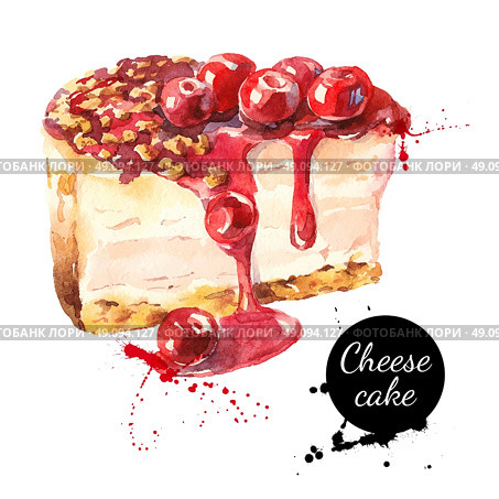 Watercolor sketch cherry cheesecake dessert. Vector isolated food illustration on white background. Стоковая иллюстрация, агентство Ingram Publishing / Фотобанк Лори