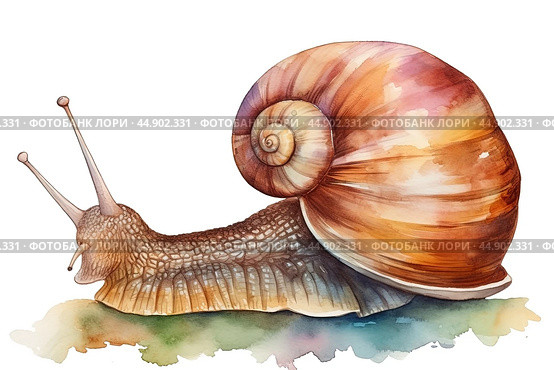 Watercolor snail illustration on white background. Стоковое AI-изображение, AI-художник Ксения Лаптева / Фотобанк Лори