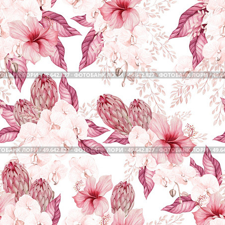 Watercolor wedding pink tropical seamless pattern with Exotic flowers, orchid, protea and leaves. Illustration. Watercolor wedding pink tropical seamless pattern with Exotic flowers, orchid, protea and leaves. Стоковое фото, агентство Ingram Publishing / Фотобанк Лори
