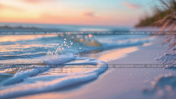 Waves gently lapping the shore during sunset creating a serene coastal atmosphere at a beach. Стоковое AI-изображение, AI-художник Сергей Толмачёв / Фотобанк Лори