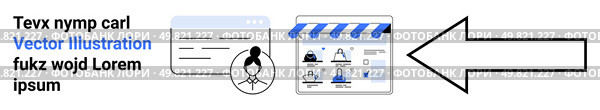 Web page with user interface elements, profile icon, online storefront with product icons, large right arrow. Ideal for shopping websites, e-commerce, digital marketing, user interface design, online. Online Storefront with Interface Elements and Profile Icon Highlighting Shopping Features. Стоковая иллюстрация, агентство Ingram Publishing / Фотобанк Лори