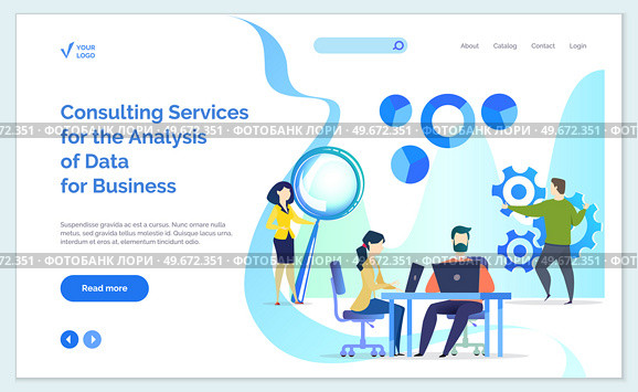 Website of consulting service for analysis of data for business. People work in technical support. Call center operators, customer support service workers analysing statistics, financial data. Website of consulting service for analysis of data for business. People work in technical support. Стоковая иллюстрация, агентство Ingram Publishing / Фотобанк Лори