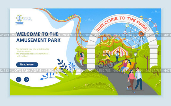 Welcome to amusement park vector, greenery and attractions for parents and kids, path leading to ferris wheel with cabins to view scenery. Website or webpage template, landing page flat style. Welcome to Amusement Park People Having Fun Web. Стоковая иллюстрация, агентство Ingram Publishing / Фотобанк Лори