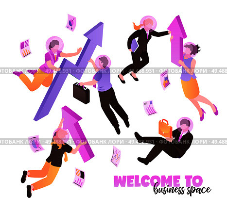 Welcome to business space white background with people holding briefcases and folders and flying  in zero gravity isometric vector illustration. Стоковая иллюстрация, агентство Ingram Publishing / Фотобанк Лори