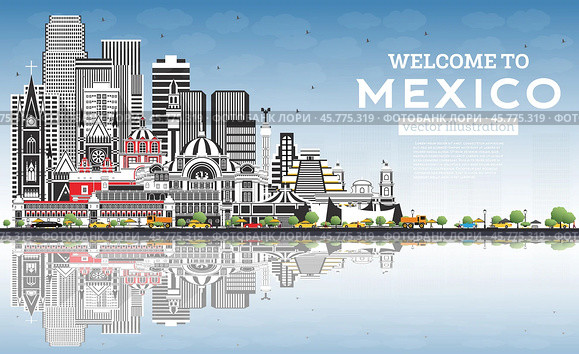 Welcome to Mexico City Skyline with Gray Buildings, Blue Sky and Reflections. Стоковая иллюстрация, иллюстратор Игорь Сорокин / Фотобанк Лори