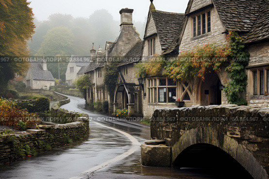 Wet road winding through a picturesque village in the cotswolds on a foggy autumn day. Стоковое AI-изображение, AI-художник Иван Рябоконь / Фотобанк Лори