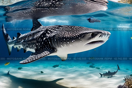 Whale shark (Rhincodon typus) mammal swimming in tropical underwaters. Shark in underwater wild animal world. Observation of wildlife ocean. Scuba diving adventure in Ecuador coast. Copy text space. Стоковое AI-изображение, AI-художник Aleksandr Golubev / Фотобанк Лори
