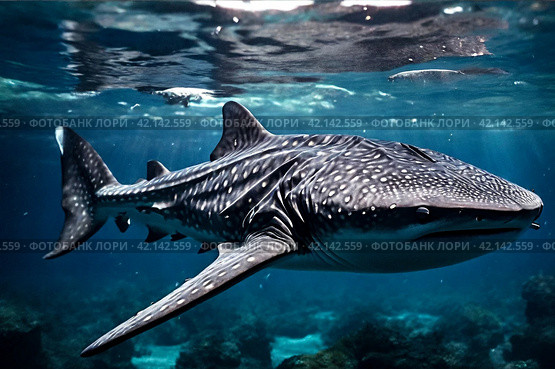 Whale shark (Rhincodon typus) mammal swimming in tropical underwaters. Shark in underwater wild animal world. Observation of wildlife ocean. Scuba diving adventure in Ecuador coast. Copy text space. Стоковое AI-изображение, AI-художник Aleksandr Golubev / Фотобанк Лори