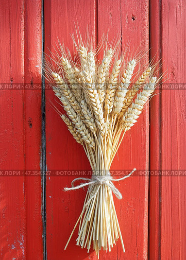 Wheat Sheaf Tied With Twine Against a Rustic Red Wooden Background. Стоковое AI-изображение, AI-художник Юлия Гапеенко / Фотобанк Лори
