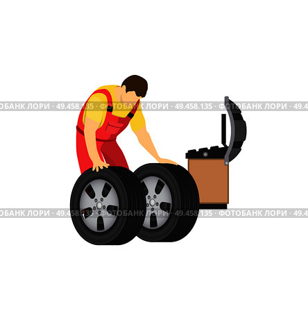 Wheel and tyre fitting color vector illustration with mechanic working in abstract automobile workshop, special tool for wheeling, car repair service. Wheel and Tyre Fitting Color Vector Illustration. Стоковая иллюстрация, агентство Ingram Publishing / Фотобанк Лори