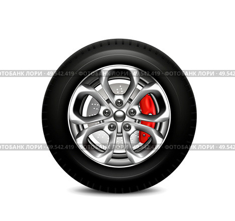 Wheel brake system realistic composition with blank background shadow and image of tyre with alloy wheel vector illustration. Стоковая иллюстрация, агентство Ingram Publishing / Фотобанк Лори