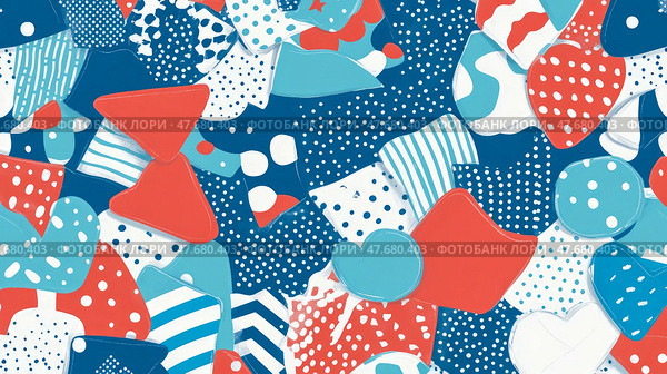 Whimsical Abstract: A playful jumble of shapes and patterns in red, white and blue, a fun and cheerful composition for backdrops, banners and textiles. Стоковое AI-изображение, AI-художник Данила Большаков / Фотобанк Лори