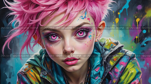 Whimsical pixie with electric pink hair. Стоковое AI-изображение, AI-художник Андрей Бакусов / Фотобанк Лори