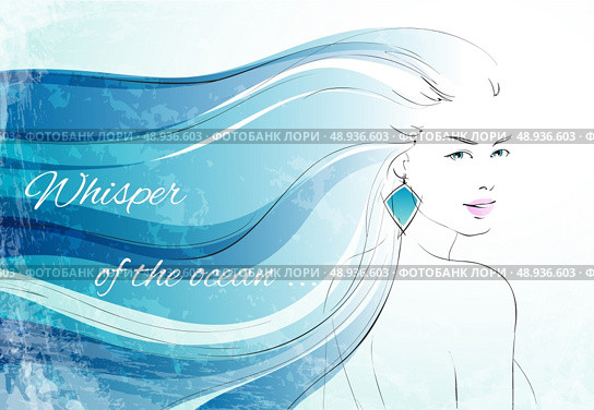 Whisper of the ocean background with sensual woman with wavy hairs vector illustration. Стоковая иллюстрация, агентство Ingram Publishing / Фотобанк Лори