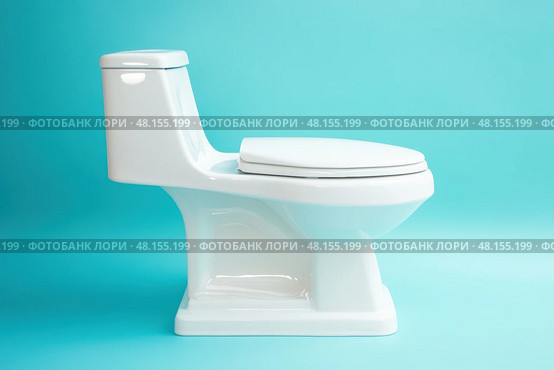 White ceramic toilet bowl isolated on a blue background. Clean new flush toilet with the lid closed. Cleaning, personal hygiene concept. Restroom theme. World Toilet Day. Bathroom. WC. Side view. Стоковое AI-изображение, AI-художник Марина Демидюк / Фотобанк Лори