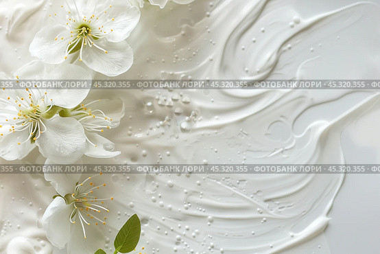 White cream texture and flowers. Body lotion swipe swatch. Skincare mask. Cosmetic face serum smudge. Moisturizer smooth smear. Trendy bio selfcare beauty product. Peptides, ceramides, retinol. CC, BB. Стоковое AI-изображение, AI-художник Евгений Демидюк / Фотобанк Лори