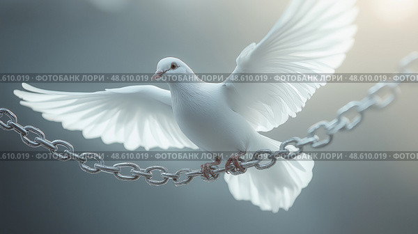 White dove soaring above a chain, symbolizing freedom and hope. Белый голубь парит над цепью, символизируя свободу и надежду. Стоковое AI-изображение, AI-художник Katsiaryna Repich / Фотобанк Лори