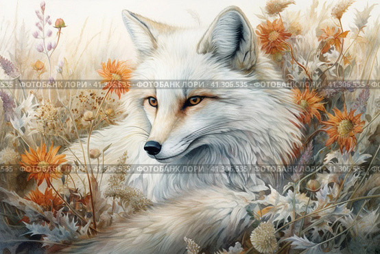 White fox among the grass in autumn, watercolor style, Generative AI. Стоковое AI-изображение, AI-художник Анна Кривицкая / Фотобанк Лори