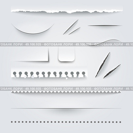 White Paper Edges Shadows Realistic Set  . White paper perforated ripped torn jagged cut edges texture samples set realistic shadows vector illustration . Стоковая иллюстрация, агентство Ingram Publishing / Фотобанк Лори