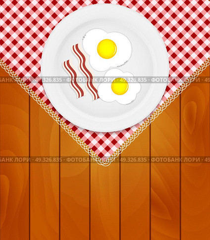 White Plate with Fried Eggs on Kitchen Napkin at Wooden Boards Background Vector Illustration EPS10. o2016-04-14-03. Стоковая иллюстрация, агентство Ingram Publishing / Фотобанк Лори